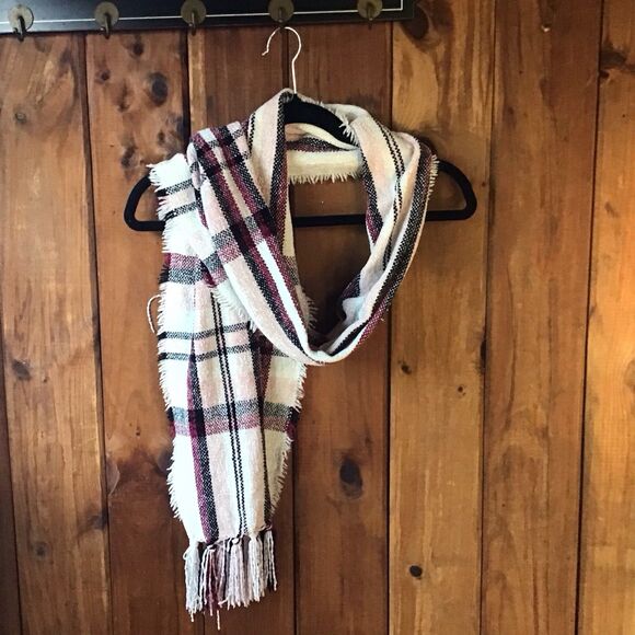 Accessories - Style & Co Chenille Plaid Fringe Trim Scarf Pink White Velour Tartan Winter